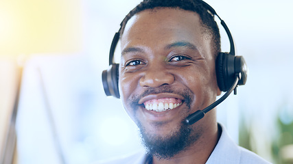 Image showing Portrait, call center and smile of black man in telemarketing, support and help desk in office in Nigeria. Customer service, sales agent and happy face of African business professional in headphones