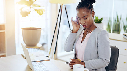 Image showing Stress, headache and laptop with a business black woman in her office working on a company deadline. Anxiety, burnout or report and a young professional employee in a corporate workplace with flare