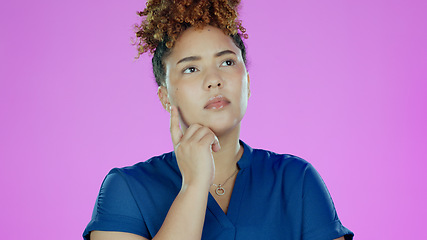 Image showing Woman, thinking and question for idea, plan and doubt with question, unsure and isolated on purple studio background. Decision, confused and mockup space with choice, wondering and concentrating