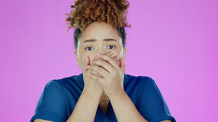 Image showing Shock, portrait and woman with hands over mouth, announcement or secret isolated on pink background. Gossip, alarm and drama with news, wow reaction and mind blown with surprise expression in studio