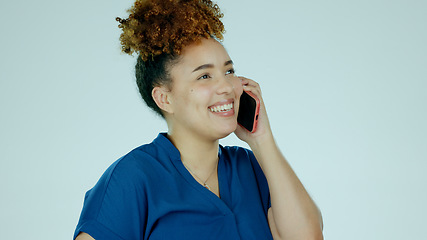 Image showing Woman, laughing or phone call on studio background for joke, communication or funny story on blue mockup space. Happy biracial person, talking or technology for good news, networking and conversation