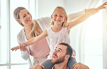 Image showing Parents, child and airplane on couch, smile or portrait for love, care or bonding in living room at family home. Father, mother and daughter for plane game, excited and relax on lounge sofa in house