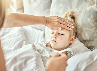 Image showing Parent, hands and thermometer with sick kid, fever or flu virus in bed from cold at home. Closeup of mother checking child with illness for temperature or measurement in bedroom or rest at house