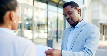 Image showing Service, offer and a businessman or salesman talking to a client about a deal in a city or town. Advice, communication and male agent having a conversation in the street with a customer for retail