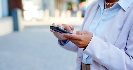 Image showing Urban city, smartphone and woman with hands, typing and scroll for search, networking and social media. Reading email, communication and professional as business person, cellphone and website browse