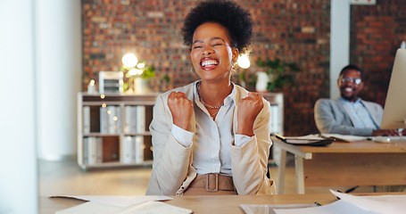 Image showing Black woman, celebration and happiness in office for winning promotion, bonus or achievement of goals. Yes, employee and entrepreneur with success, feedback and excited winner of work opportunity