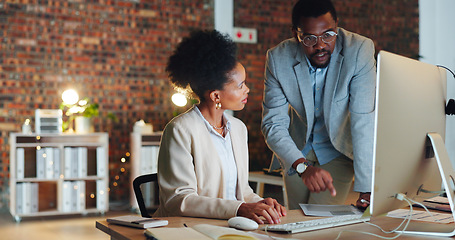 Image showing Business people, collaboration and work proposal on computer in corporate office. Team, report and agenda or strategy, discussion and teamwork in workplace, documents and planning for project