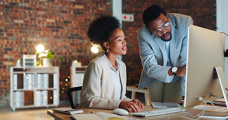 Image showing Coworkers, collaboration and work on project on computer in corporate office. Team, report and agenda or people, discussion and teamwork in workplace, communication and planning for proposal