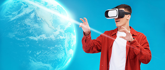 Image showing Vr, metaverse or man with globe hologram for a global digital connection or network on blue background. Neon world, futuristic technology or person by 3d earth with virtual reality headset software