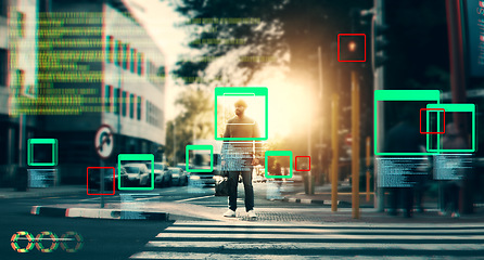 Image showing Face recognition, man in street and identity with biometric, surveillance and code for technology innovation in city. Network, security and future, ai overlay with info and frame, privacy and UI