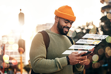 Image showing City, hologram and man with a smartphone, chat and social media with digital app, banner and website information. Person, gen z and guy with a cellphone, holographic and futuristic with mobile user