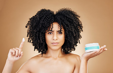 Image showing Skincare problem, portrait or woman with cream container, beauty results or facial melasma risk, stress or allergic reaction. Skin crisis, lotion or studio model with bad cosmetic on brown background