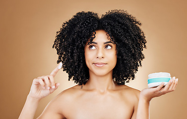 Image showing Skincare face, think and woman with cream container, beauty routine or brainstorming idea, treatment or detox plan. Cosmetic girl, acne lotion solution or studio hydration product on brown background