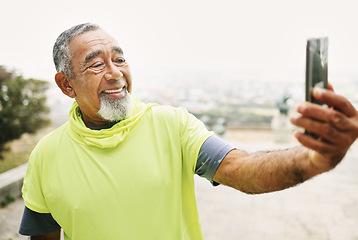 Image showing Selfie, smile and senior man hiking for health, wellness or cardio training on a mountain. Happy, nature and portrait of excited elderly male person taking a picture for outdoor trekking in the woods