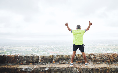 Image showing Senior man, celebration and winner for race, hike or marathon for health, wellness and fitness. City, run and thumbs up for goal, workout and victory for achievement, elderly and freedom retirement