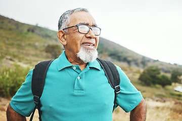 Image showing Countryside, thinking and old man breathing, wellness and calm with retirement, peace and relax with fitness. Elderly person, pensioner and senior guy with health, forest and outdoor with fresh air