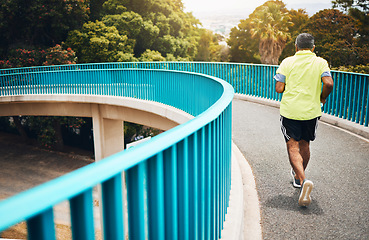 Image showing Old man on bridge, running for fitness and cardio, back view with speed and training for marathon, wellness and vitality. Runner in street, performance and challenge with exercise, health and workout