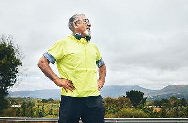 Image showing Thinking, fitness and outdoor with senior man, exercise and wellness with breathing, relax or tired. Old person, sky mockup or runner with fatigue, rest or outside with workout, training or fresh air