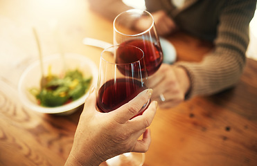 Image showing Glasses, closeup and couple with wine, cheers and celebration with lunch, bonding and love. People, man and woman with alcohol, toast or home with achievement, anniversary or marriage with gratitude