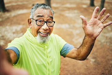 Image showing Selfie, forest and senior man with fitness, smile and workout with profile picture, memory and training. Portrait, athlete and elderly man with happiness, excited and woods with health and wellness