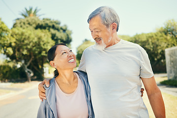 Image showing Hug, outdoor and senior couple with fitness, training and wellness with workout, smile and love. Park, happy elderly man and old woman embrace, exercise and bonding with summer, relax and retirement