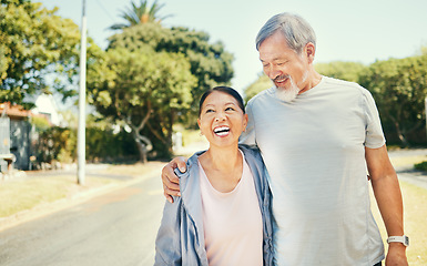 Image showing Hug, outdoor and senior couple with fitness, funny and wellness with workout, retirement and love. Park, happy elderly man or old woman embrace, exercise or training with summer, health or retirement