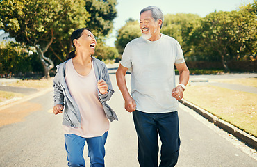 Image showing Running, mature couple and smile for exercise, fitness or workout in road of neighborhood park. Asian man, woman or laugh in street for healthy cardio performance, action or energy in morning outdoor