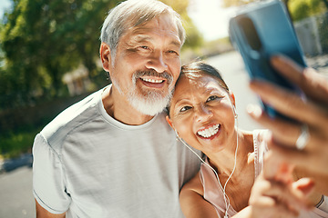 Image showing Selfie, fitness and senior couple in road after a running exercise for race or marathon training. Happy, sports and elderly man and woman taking a picture after a cardio workout in outdoor street.