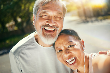 Image showing Selfie, fitness and smile with senior couple in road after a running exercise for race or marathon training. Happy, health and portrait of elderly woman and man athlete after a cardio workout