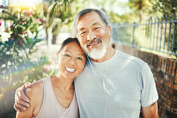 Image showing Hug, outdoor and senior couple with exercise, portrait and retirement with workout, smile and love. Park, elderly man and happy old woman embrace, face and fitness with summer, wellness and health