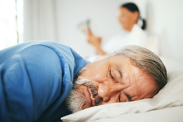 Image showing Bed, face and mature man sleeping, tired or nap for stress relief, morning wellness or retirement rest. Fatigue, marriage couple and relax with senior person cozy, dream and exhausted in home bedroom