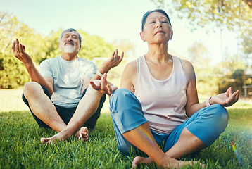 Image showing Couple, yoga and lotus meditation on grass in nature at park for mindfulness, peace or calm. Mature man, woman and yogi meditate in holistic exercise, wellness or zen to relax for body health outdoor