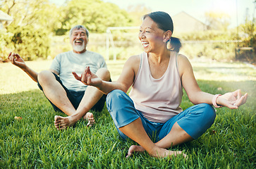 Image showing Senior couple, yoga and outdoor meditation on grass at park for mindfulness, peace or calm. Mature man, funny woman and yogi laughing for holistic exercise, wellness and zen to relax for body health