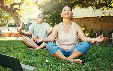Image showing Couple, yoga and lotus meditation with laptop in nature at park for mindfulness, peace and calm. Mature man, woman and yogi on computer for online lesson on video, wellness and zen for body health