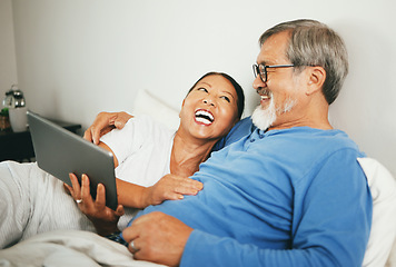 Image showing Tablet, mature or happy couple in bed for movie watching on website subscription via internet connection. Meme, home or mature woman laughing at comedy with an Asian man streaming film on tech online