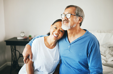 Image showing Senior, portrait or happy couple hug in home bedroom together to relax on holiday with bond or support. Embrace, lovers or romantic Asian man with a mature woman with love, smile or care in marriage