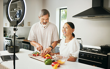 Image showing Home, senior couple or influencer with food, smile or live streaming with connection, ring light or tech. Vlog, elderly man or old woman with social media, kitchen or cooking with diet plan or health