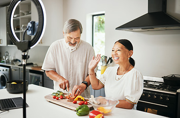 Image showing Home, old couple or influencer with food, live streaming or connection with ring light, cooking instructions or tech. Vlog, elderly man or senior woman with social media, diet plan or content creator