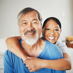 Image showing Senior, hug and couple with smile in portrait for happiness, excited or relaxed in bedroom. Asian man and woman for elderly and married with enjoyment in retirement by together, care or bond for love