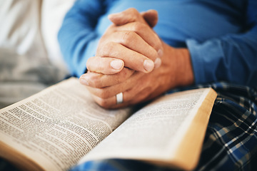 Image showing Hands, Bible and prayer with God and worship, religion with faith or spiritual, reading scripture for guide and hope. Gratitude, respect and Christian person with healing, wellness and religious book