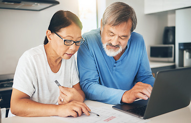 Image showing Couple, computer and home documents for finance, loan payment and mortgage planning, bills and invoice in kitchen. Mature woman and man with asset management, life insurance and paperwork on laptop