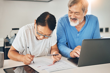 Image showing Couple, credit card and documents for home application, investment and signature or financial contract. Happy senior man and woman writing info, registration and sign up for loan agreement or banking