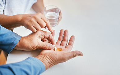 Image showing Health, pills in hands and water with people and pharmaceutical drugs for wellness and medicine. Supplements, vitamins and omega 3 with drink in glass, healthcare and prescription medication