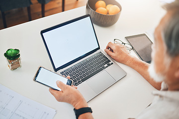 Image showing Senior man, phone screen and laptop for budget, financial planning and asset management with online banking at home. Elderly person on computer mockup and mobile app for bills payment or investment