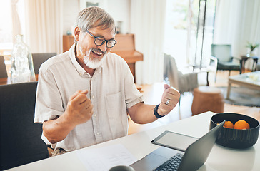 Image showing Senior man, winner and laptop for home success, celebration and stock market or financial investment. Asian trader or entrepreneur with yes, fist and excited for bonus, news or trading on computer