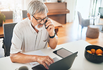 Image showing Business man, home phone call and laptop for planning, online investment and communication on technology. Senior person, CEO or entrepreneur typing on computer, talking on mobile or remote networking