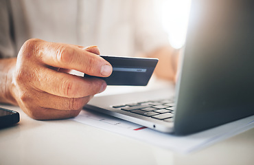 Image showing Hands, credit card and laptop in online shopping, e commerce or digital payment with work from home salary. Person typing, banking and information on computer for loan application or easy transaction