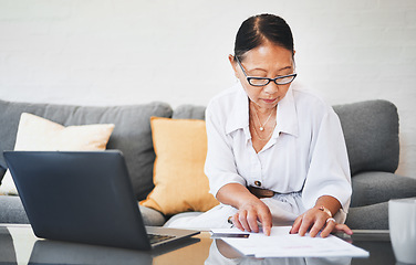 Image showing Mature woman, documents and credit card for home budget, investment and asset management on her sofa. Investor or executive on computer for work from home revenue, bank paperwork or loan application