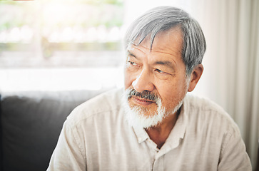 Image showing Old man, thinking of memory and life with retirement, reflection and relax at home with health and mindfulness. Peace of mind, remember with knowledge and decision, wise and wellness with thoughts