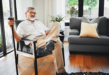 Image showing Home, relax and thinking with senior man, walking stick and retirement with ideas, memory and remember. Elderly person, mature guy and pensioner with a cane, calm and peace with nostalgia and peace